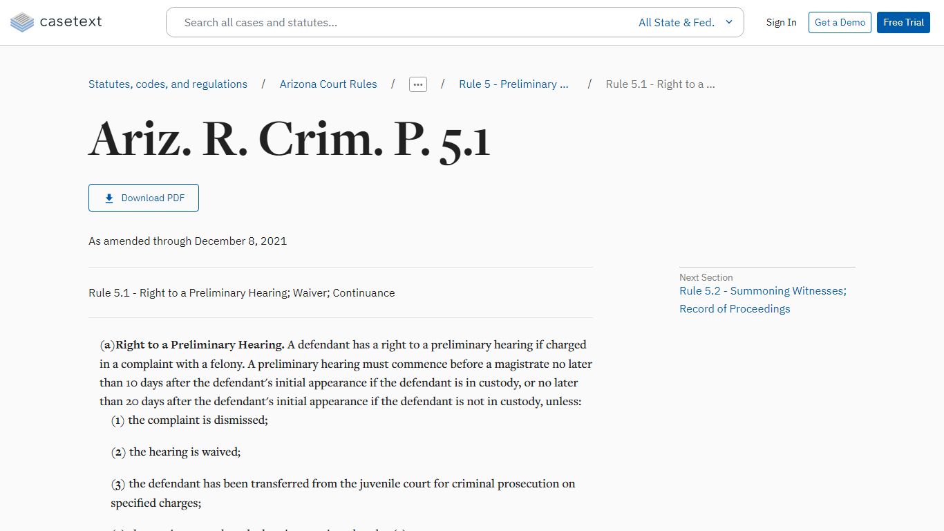 Rule 5.1 - Right to a Preliminary Hearing; Waiver; Continuance, Ariz. R ...